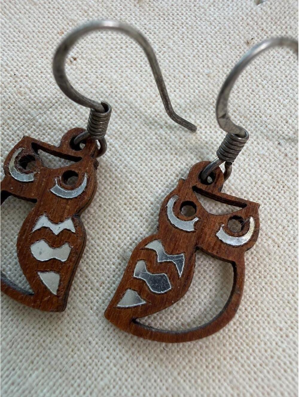 Wood and Silver Inlay Owl Dangle Earrings